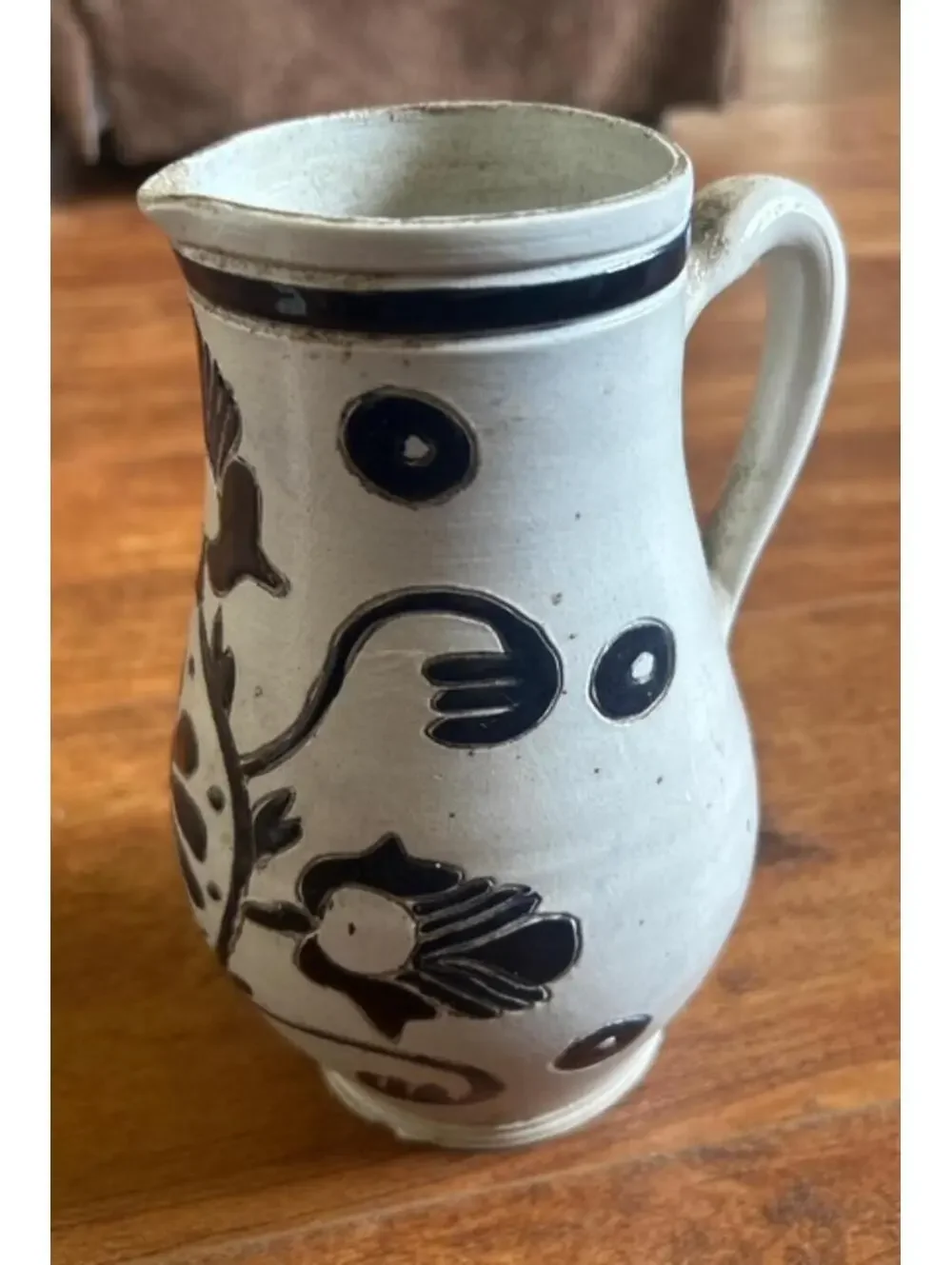 Williamsburg Restoration Vtg Ceramic Pitcher with Black Floral Design